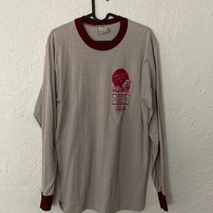 Long sleeve vintage, gray T-shirt with maroon, trim, size large, Race shirt